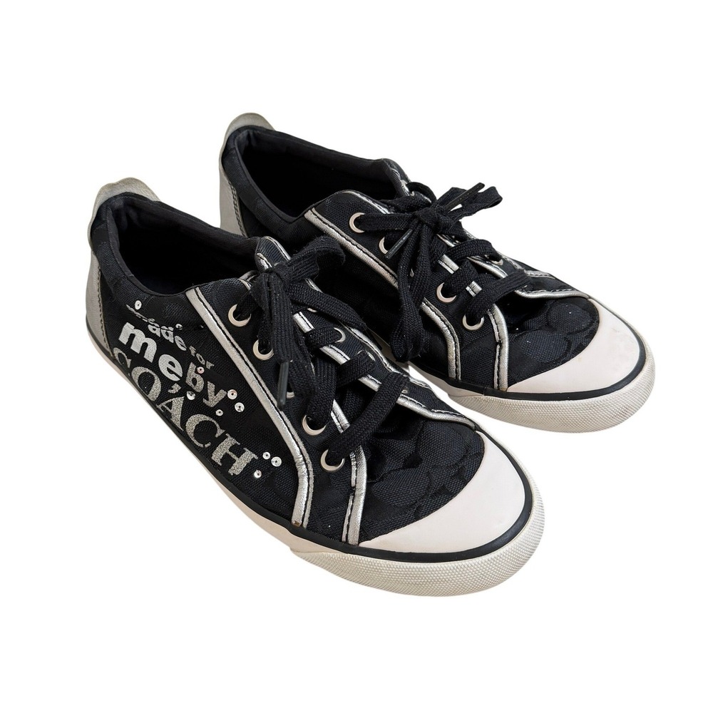Coach VTG Barrett Black‎ Canvas Signature Graphic Sneakers Silver Trim W 8 B